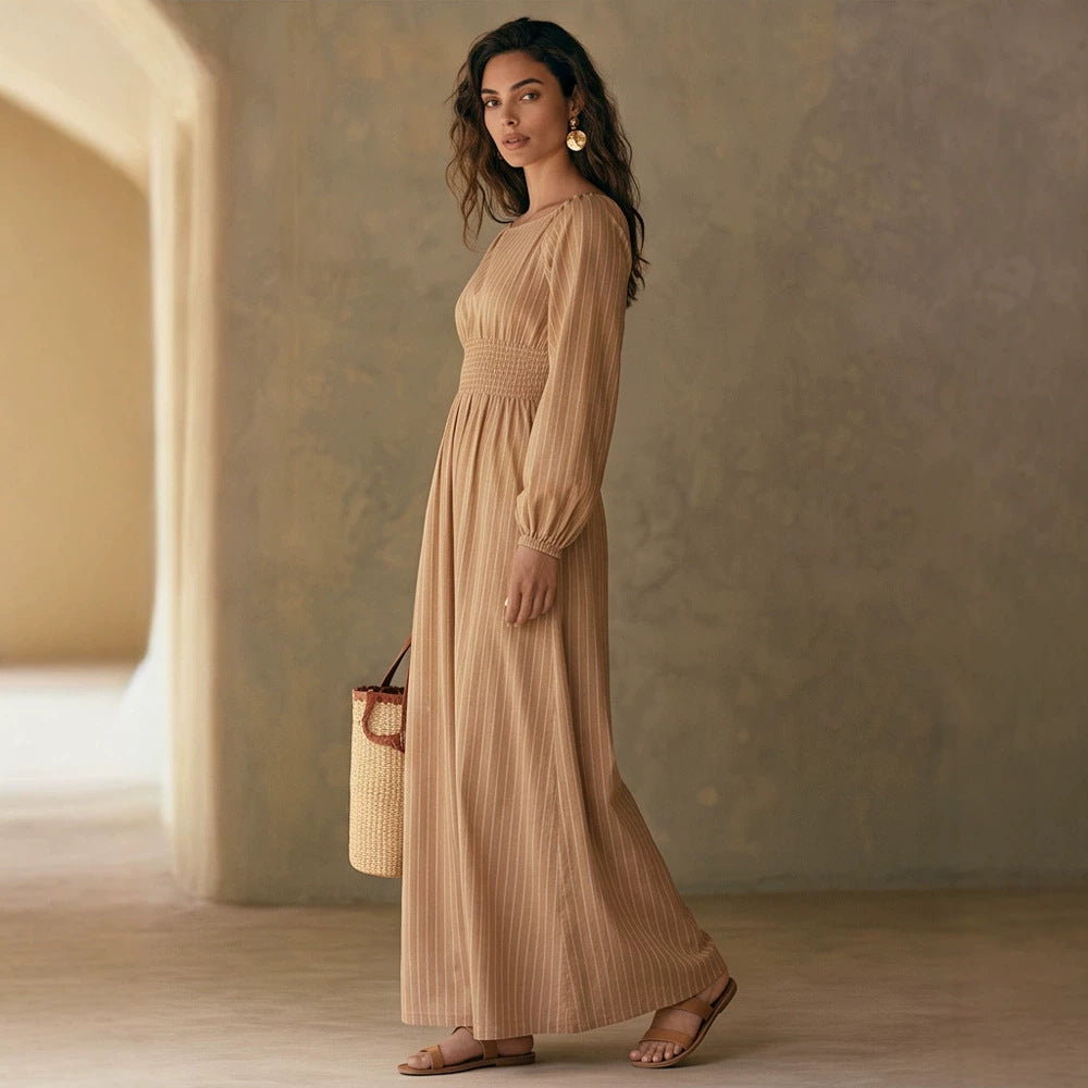 Damen Maxikleid mit Smok-Taillenband, Quadrat-Ausschnitt und langen Ballonärmeln Nord Taschen