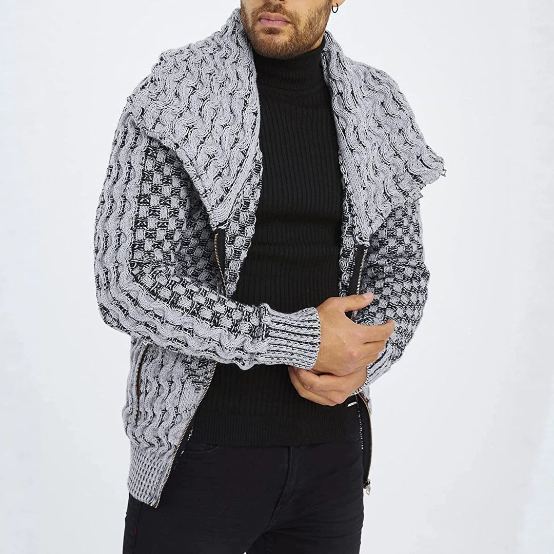 Herren Grobstrick-Cardigan mit asymmetrischem Wickelkragen und Reißverschluss Nord Taschen