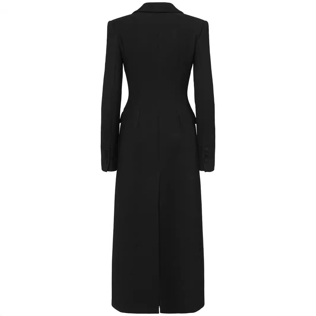 Damen Doppelreihiges tailliertes Blazerkleid mit Maxi‑Länge und Pattentaschen Nord Taschen