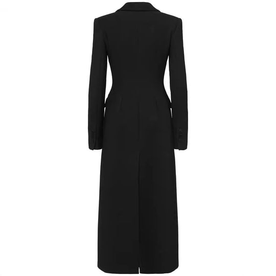 Damen Doppelreihiges tailliertes Blazerkleid mit Maxi‑Länge und Pattentaschen Nord Taschen