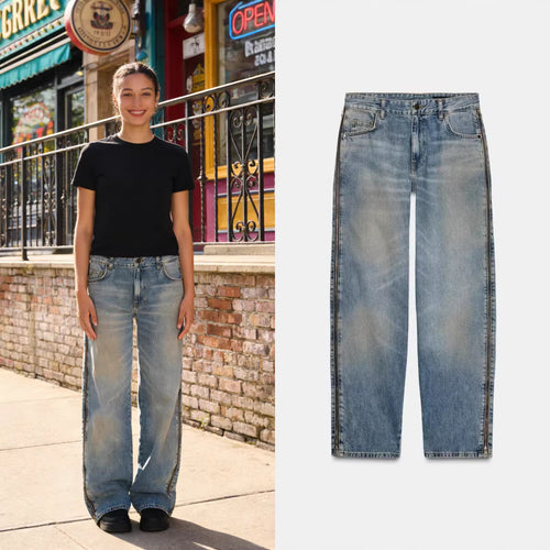 Damen Weite High‑Waist Jeans mit geradem Bein und Vintage-Wash Nord Taschen