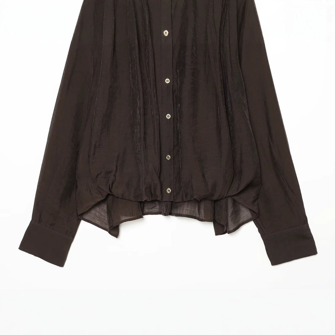 Damen Transparente Bluse mit drapiertem Schlauchkragen, Knopfleiste und Ballonärmeln Nord Taschen