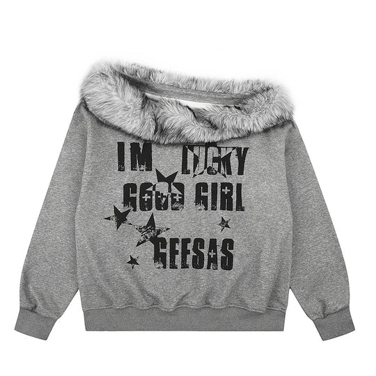 Damen Off-Shoulder Oversize-Sweatshirt mit kuscheligem Faux-Fur-Kragen und distressed Stern-Print Nord Taschen