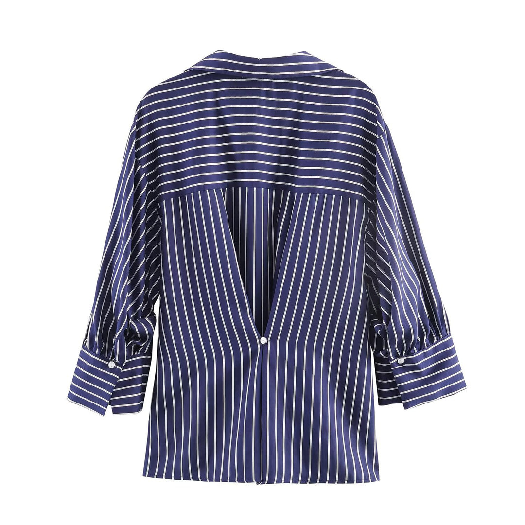 Damen Oversized Hemdbluse mit vertikalen Streifen, Ballonärmeln und breiten Manschetten Nord Taschen