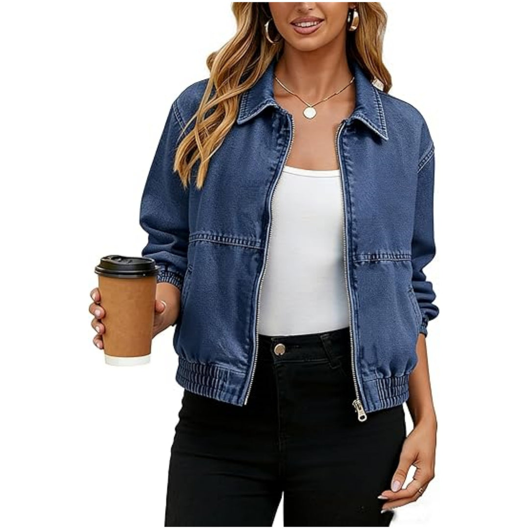 Damen Leichte Cropped-Jeansjacke mit Gummibündchen und Reißverschluss Nord Taschen