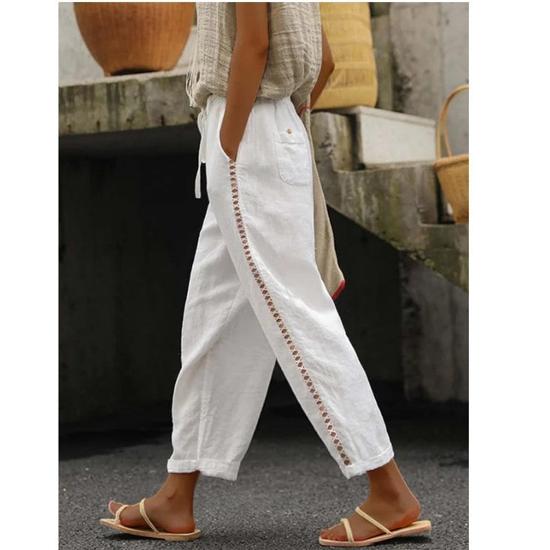 Damen Leichte Leinenhose mit seitlichen Knopfdetails