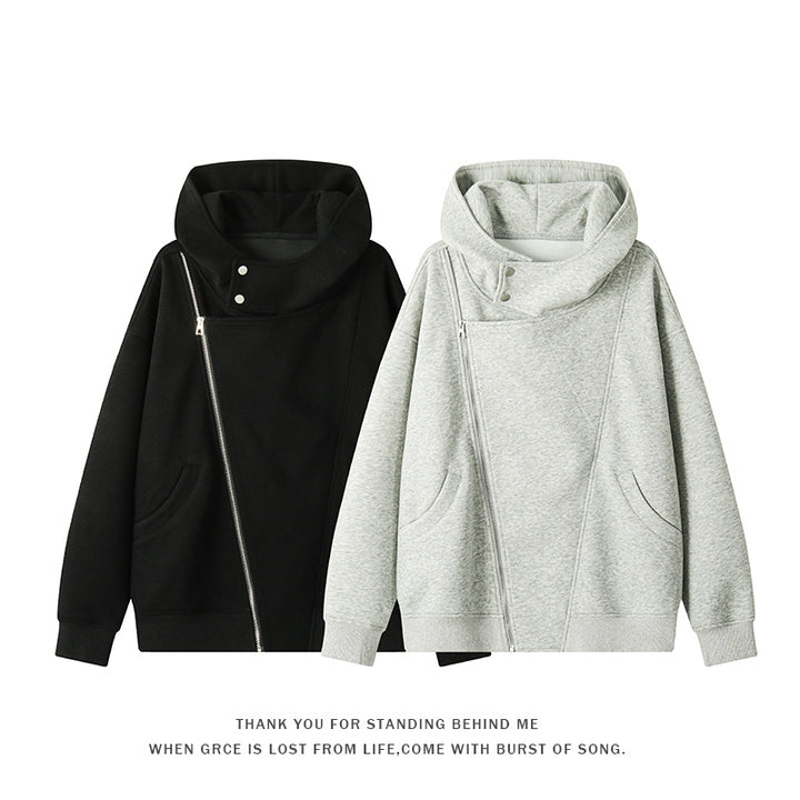 Damen asymmetrischer Kapuzenpullover mit hohem Kragen, diagonalem Reißverschluss und Kängurutaschen Nord Taschen
