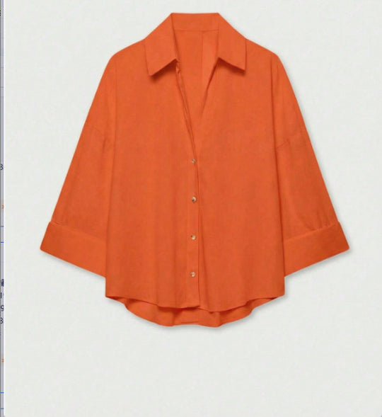 Damen Leichte Oversize Leinenoptik Bluse mit Dreiviertelärmeln und durchgehender Knopfleiste Nord Taschen