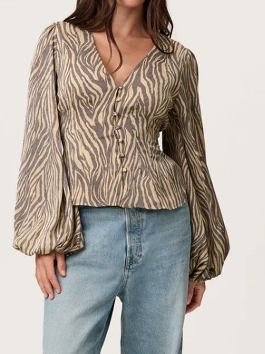 Damen Jacquard-Spitzenbluse mit tailliertem Schößchen und Ballonärmeln Nord Taschen