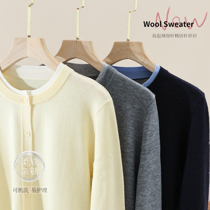 Damen Leichter Feinstrick-Cardigan mit Rundhals, Kontrastbündchen und durchgehender Knopfleiste Nord Taschen