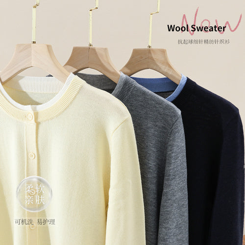 Damen Leichter Feinstrick-Cardigan mit Rundhals, Kontrastbündchen und durchgehender Knopfleiste Nord Taschen