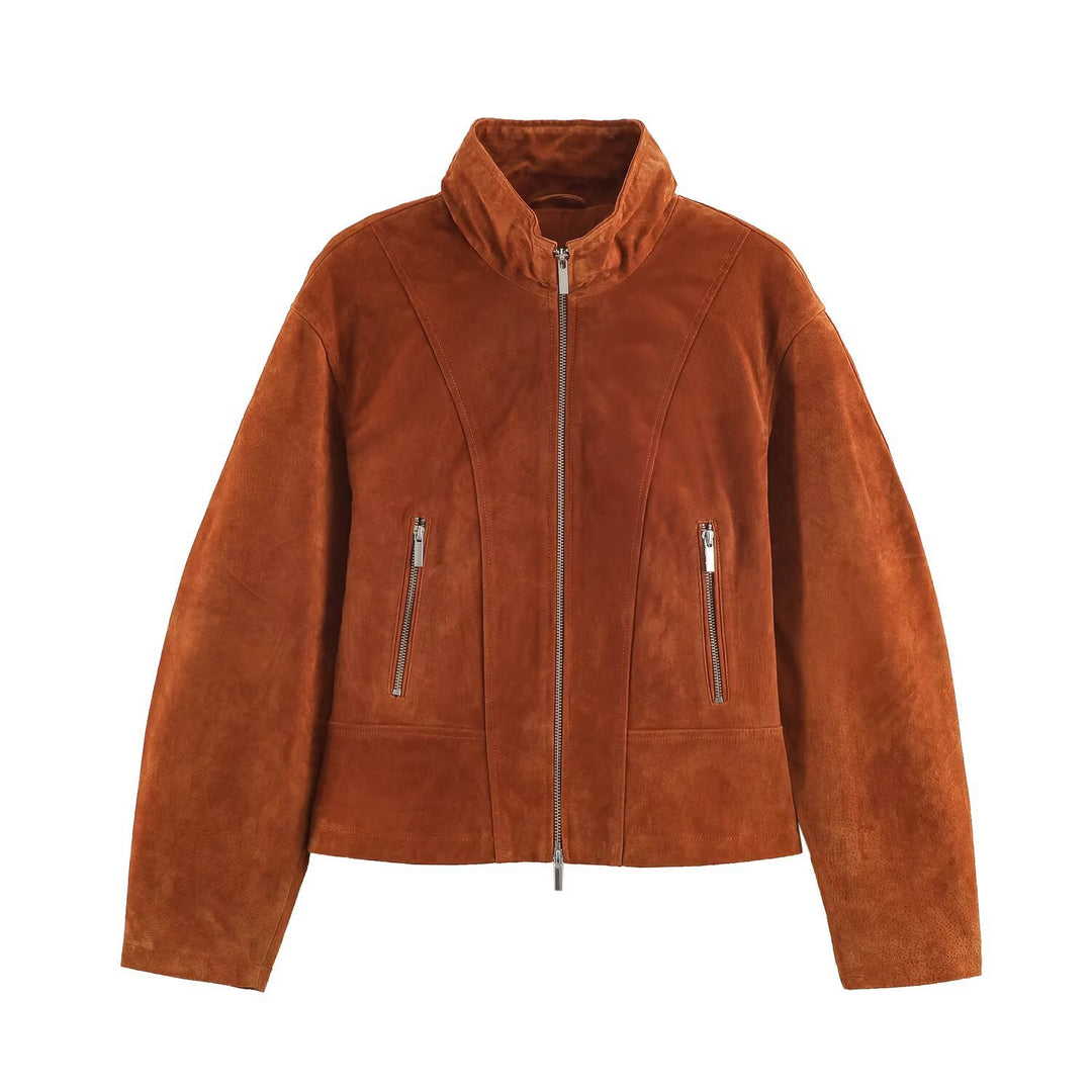 Damen Kurz geschnittene Wildlederjacke im Blouson‑Stil mit taillierten Abnähern und Metallreißverschlüssen Nord Taschen