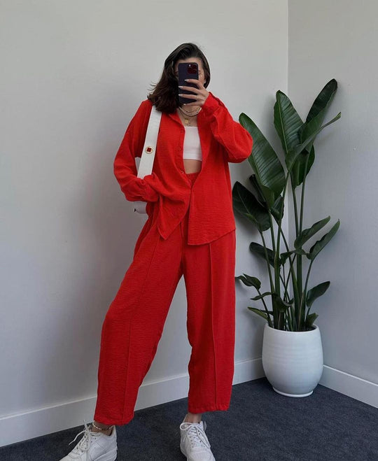 Damen Lässiges zweiteiliges Lounge-Set aus Crêpe mit Oversize-Hemd und hohem Elastikbund Nord Taschen
