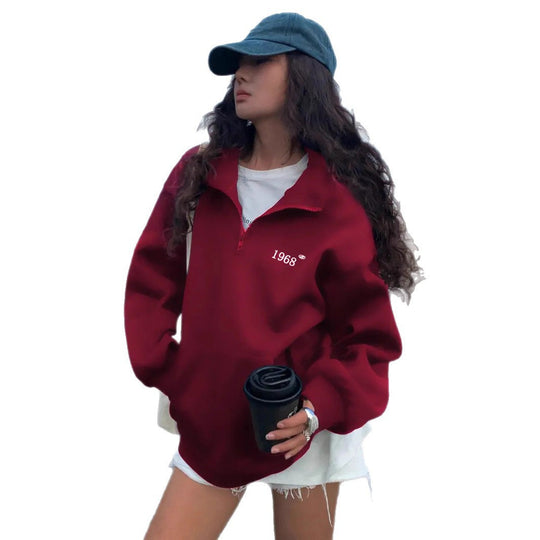 Damen oversized Hoodie mit kurzem Reißverschluss, hohem Stehkragen und Kängurutasche Minimalstick Nord Taschen