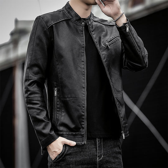 Herren Slim-Fit Kunstleder-Motojacke mit Stehkragen und Reißverschlussdetails Nord Taschen