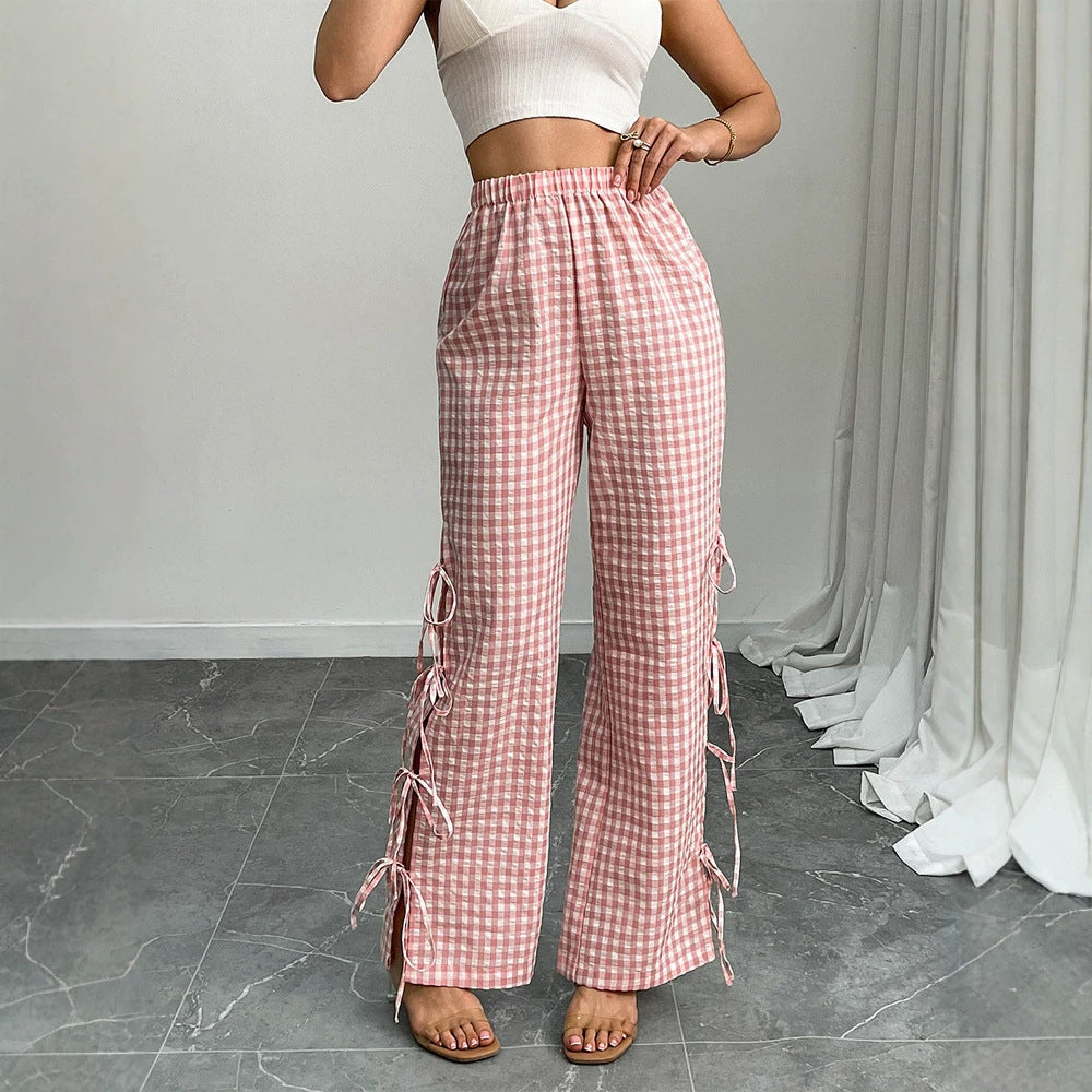 Damen High‑Waist Leinenoptik-Hose mit Gingham-Karo, weitem Bein & seitlichen Bändchen-Details Nord Taschen