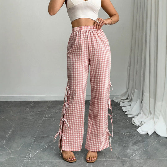 Damen High‑Waist Leinenoptik-Hose mit Gingham-Karo, weitem Bein & seitlichen Bändchen-Details Nord Taschen