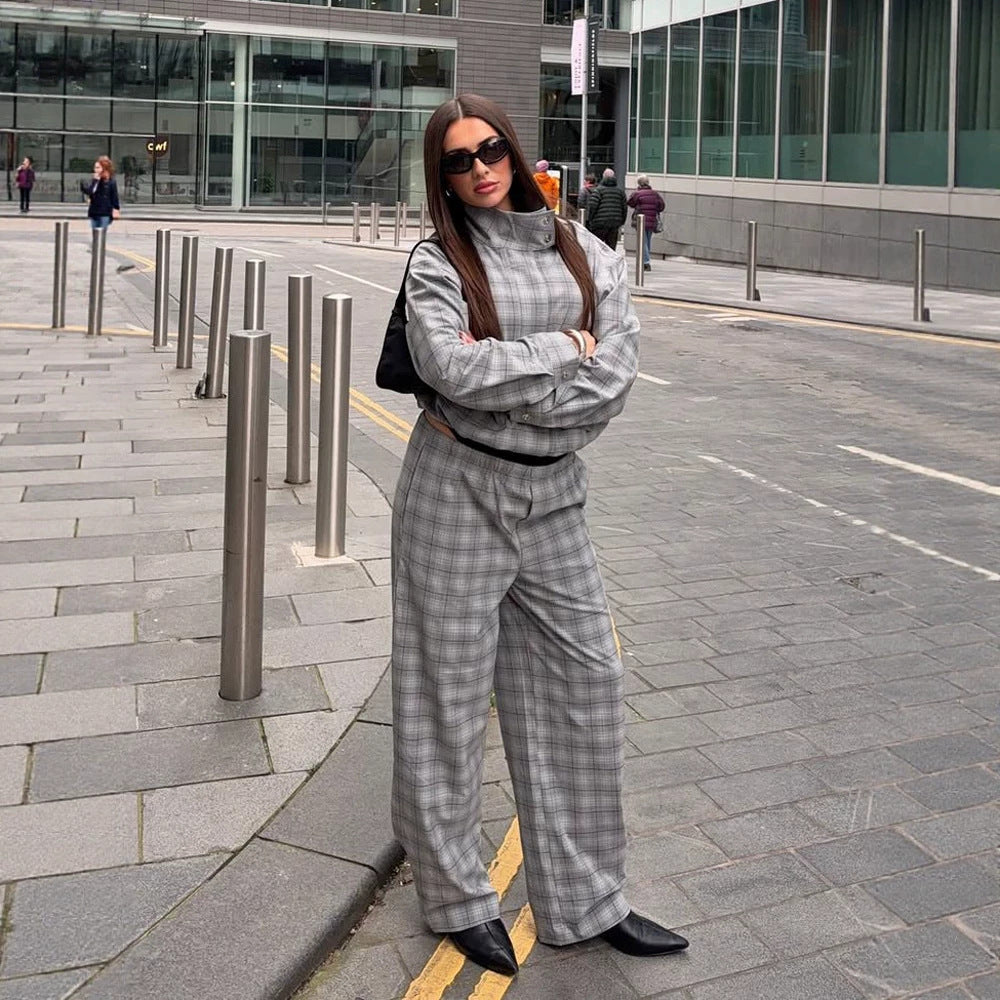 Damen Oversize Karo-Zweiteiler aus Tailormix mit Stehkragen Nord Taschen
