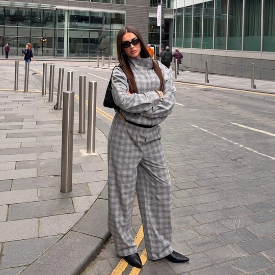 Damen Oversize Karo-Zweiteiler aus Tailormix mit Stehkragen Nord Taschen