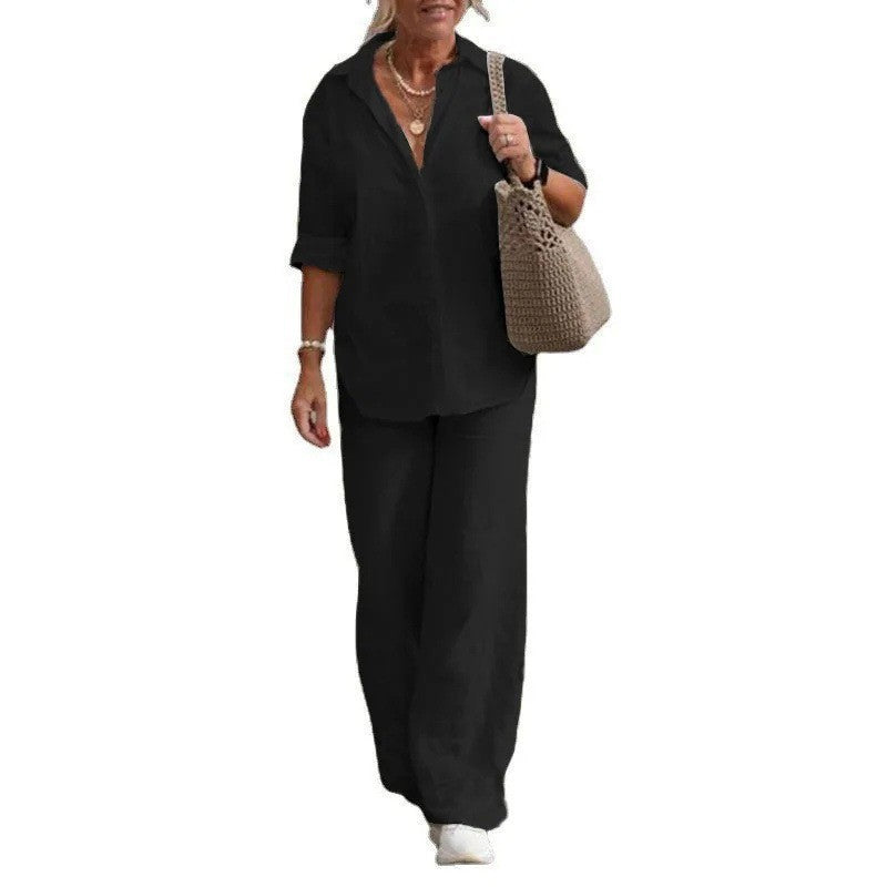 Damen Leichtes Leinen-Loungewear-Set mit offenem Hemdkragen und weiter Palazzohose Nord Taschen