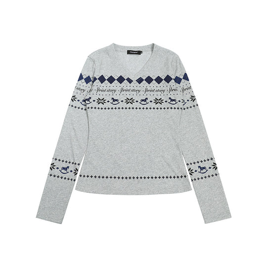 Damen Langarmshirt mit V-Ausschnitt und skandinavischem Norwegerprint aus Baumwollmix Nord Taschen