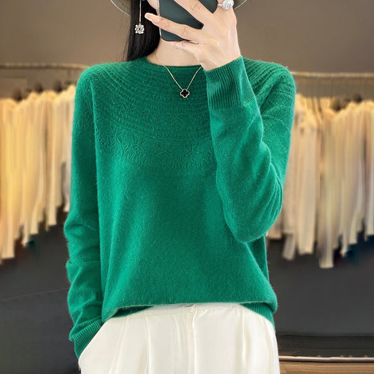 Damen Weicher Ajour‑Yoke Rundhalspullover in Kaschmir‑Optik Feinstrick Nord Taschen