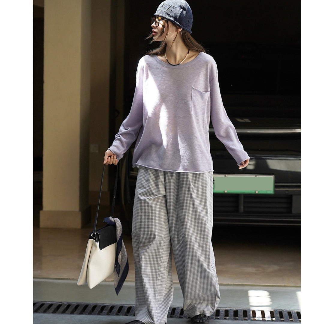 Damen Weites leichtes Feinstrick-Longsleeve mit Brusttasche und Rundhalsausschnitt Nord Taschen