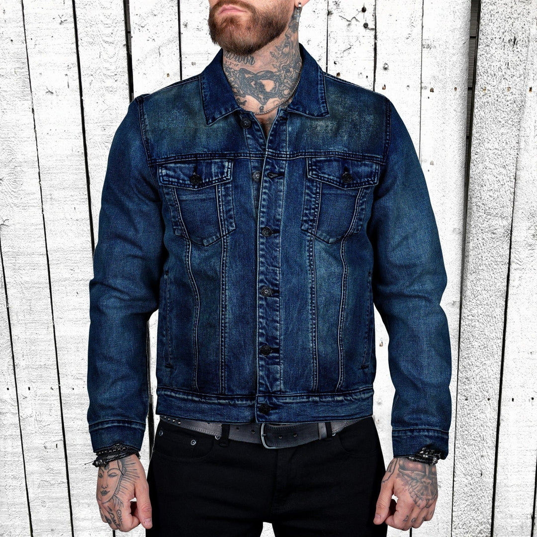 Herren taillierte Trucker-Denimjacke mit Pattentaschen, Metallknopfleiste und kontrastierenden Nähten Nord Taschen