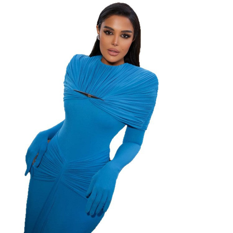 Damen Elegantes figurbetontes Abendkleid mit plissiertem Schalkragen und integrierten Armstulpen Nord Taschen