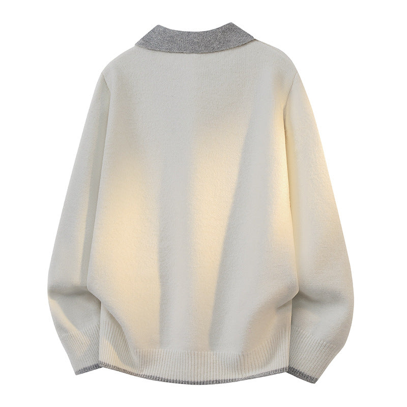 Unisex Oversize Strickpullover mit Kontrastpolokragen und V-Ausschnitt Nord Taschen
