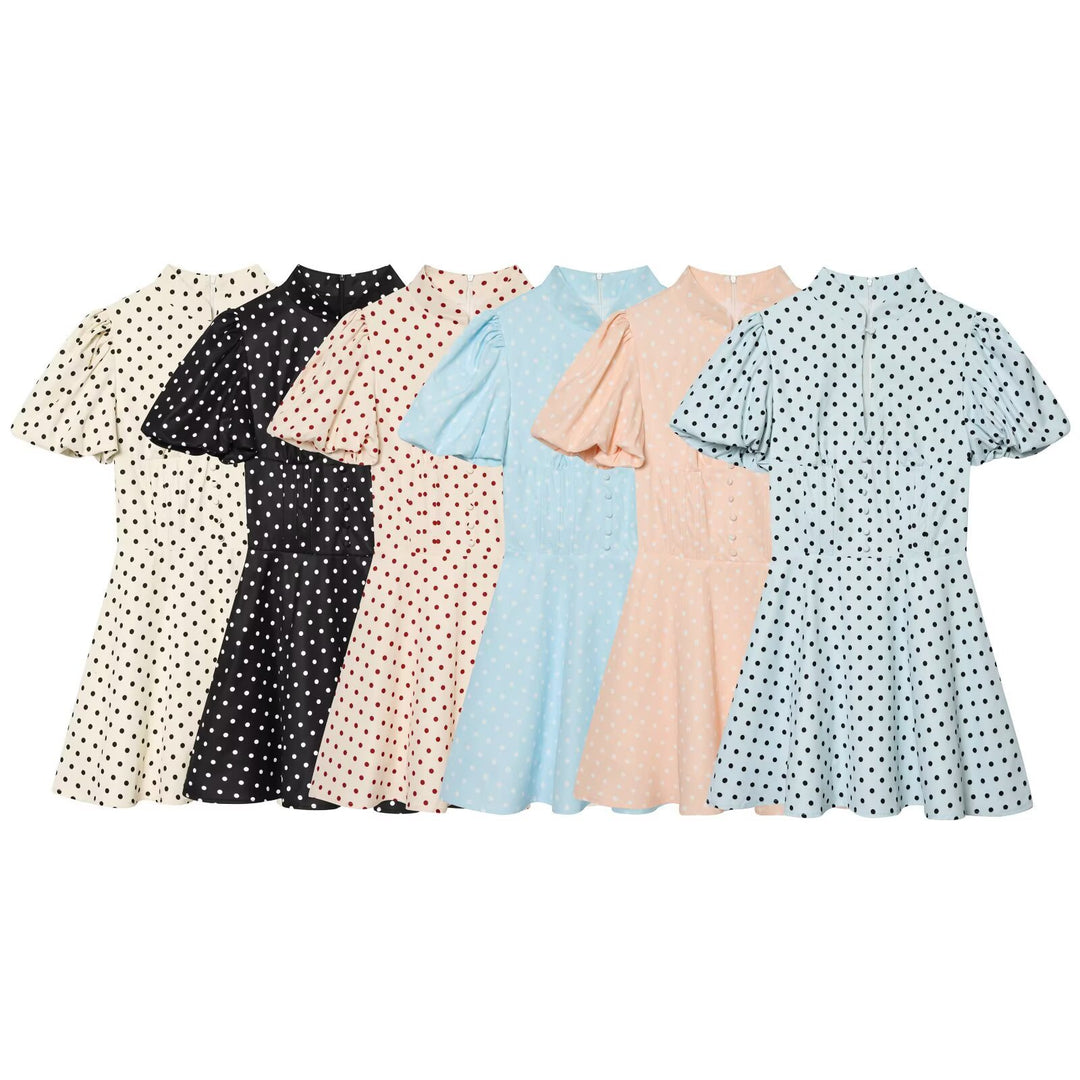Damen Gepunktetes A‑Linien‑Kleid mit Stehkragen, Taillierung und Ballonärmeln Nord Taschen