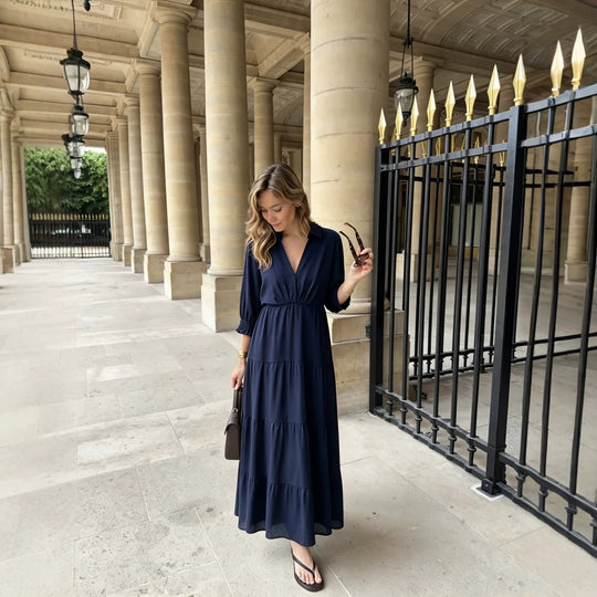 Damen Midikleid im Stufen-Look mit Hemdkragen, V‑Ausschnitt und geraffter Taillennaht Nord Taschen