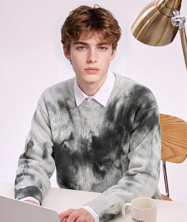 Herren Oversize-Strickpullover mit Batikoptik, Rundhalsausschnitt und Rippbündchen Nord Taschen