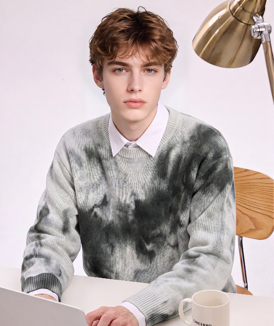 Herren Oversize-Strickpullover mit Batikoptik, Rundhalsausschnitt und Rippbündchen Nord Taschen