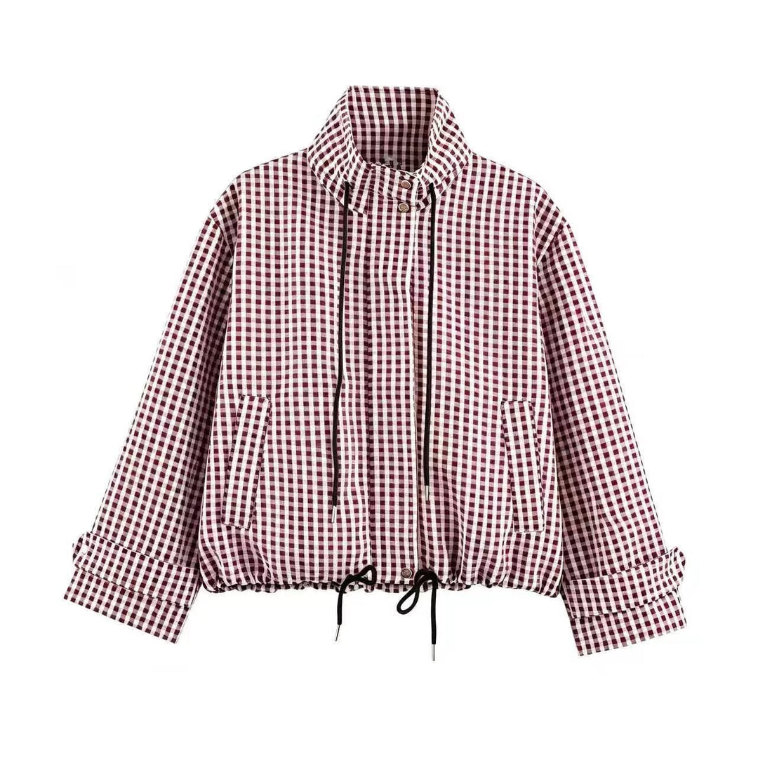 Damen Kurzjacke im Karo‑Look mit Tunnelzugsaum und hohem Stehkragen Nord Taschen