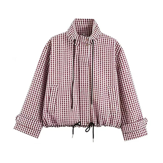 Damen Kurzjacke im Karo‑Look mit Tunnelzugsaum und hohem Stehkragen Nord Taschen