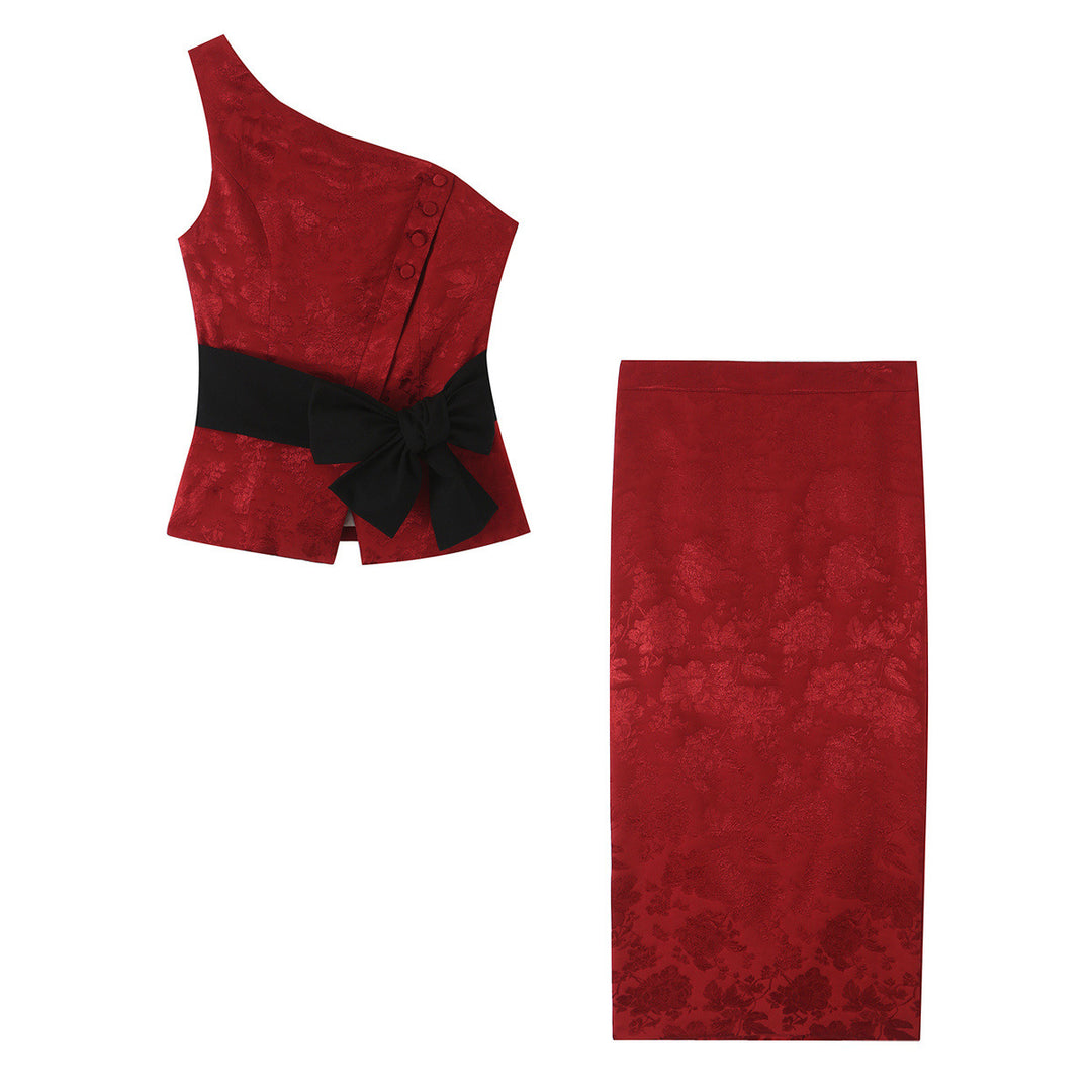 Damen Ein-Schulter Jacquard-Top mit Taillenband und Zierschleife Nord Taschen