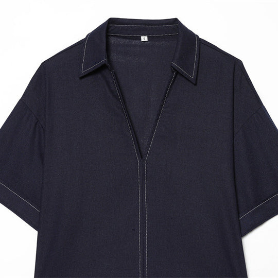 Damen Boxy‑Hemdbluse mit offenem V‑Ausschnitt, kurzem Oversize‑Arm und Kontrastnaht Nord Taschen