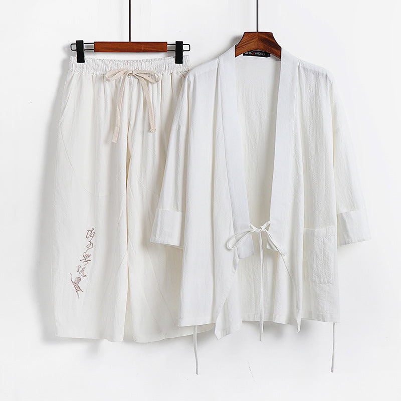 Unisex Leichtes Kimono-Loungewear-Set aus Baumwoll-Leinen mit bestickter Haremshose und Bindegürtel Nord Taschen