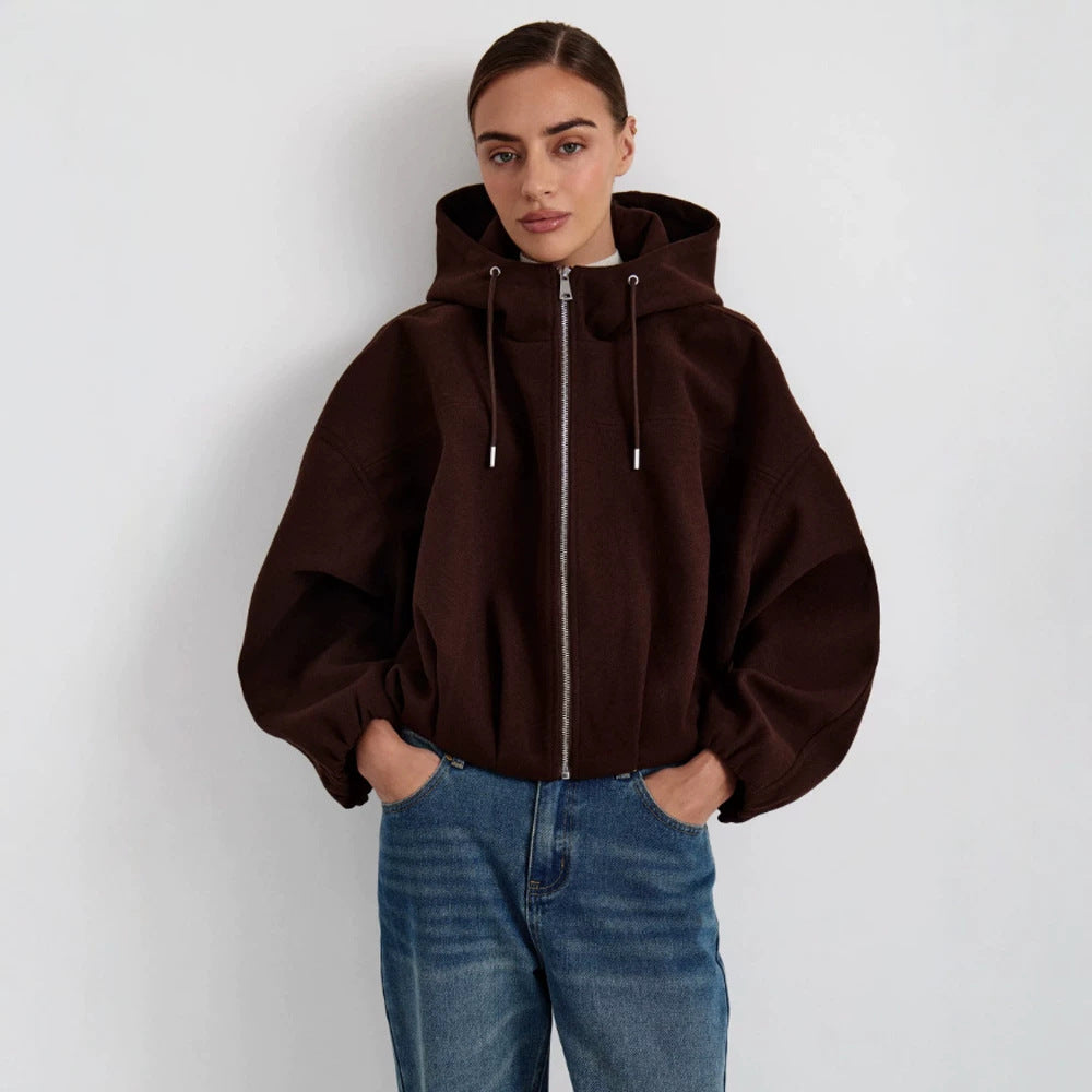 Damen Kurzjacke aus Wollmix mit Kapuze, kastiger Boxy‑Silhouette & gerafftem Saum Nord Taschen