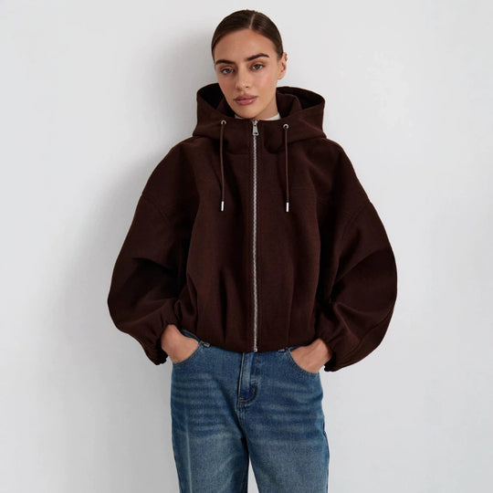 Damen Kurzjacke aus Wollmix mit Kapuze, kastiger Boxy‑Silhouette & gerafftem Saum Nord Taschen