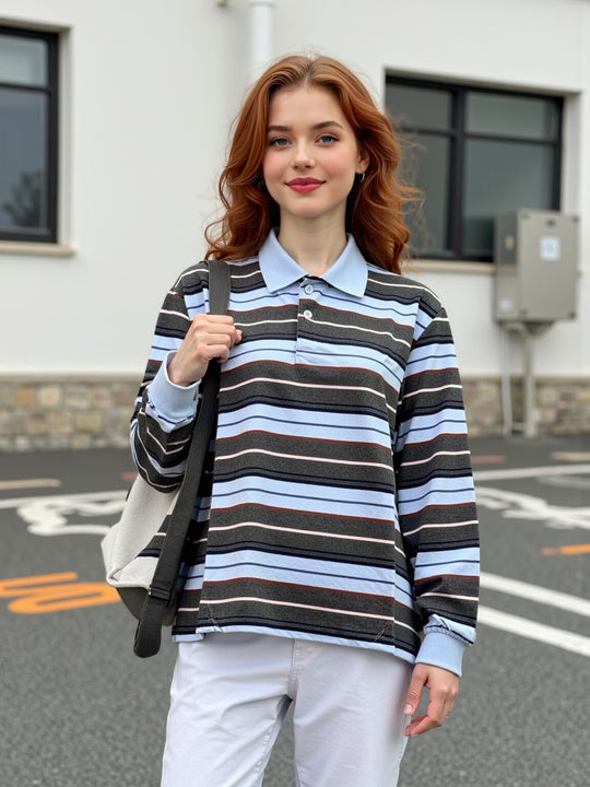 Damen Gestreiftes Poloshirt‑Sweatshirt aus Baumwollmix mit Kontrastkragen und gerippten Bündchen Nord Taschen