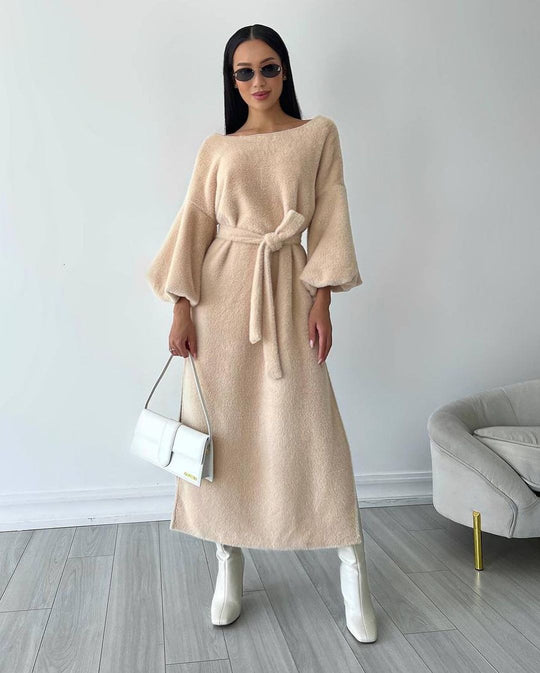 Damen Kuschel-Midikleid mit Bindegürtel und Ballonärmeln Nord Taschen