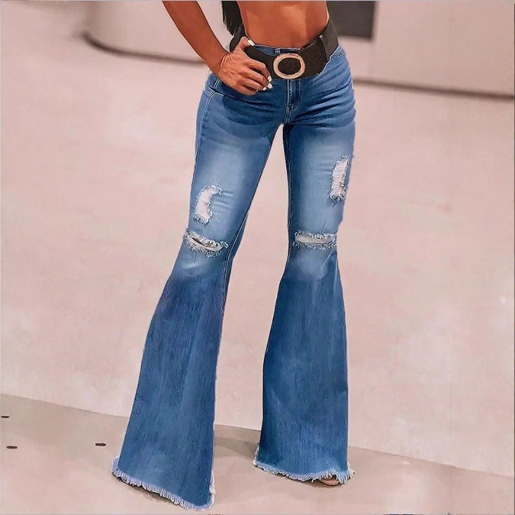 Damen hochgeschnittene Schlaghose aus Stretch-Denim mit ausgestelltem Bein, Knie-Rips und ausgefranstem Saum Nord Taschen