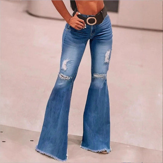Damen hochgeschnittene Schlaghose aus Stretch-Denim mit ausgestelltem Bein, Knie-Rips und ausgefranstem Saum Nord Taschen