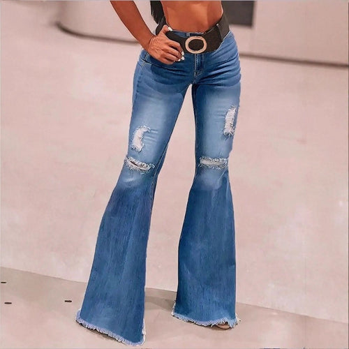 Damen hochgeschnittene Schlaghose aus Stretch-Denim mit ausgestelltem Bein, Knie-Rips und ausgefranstem Saum Nord Taschen