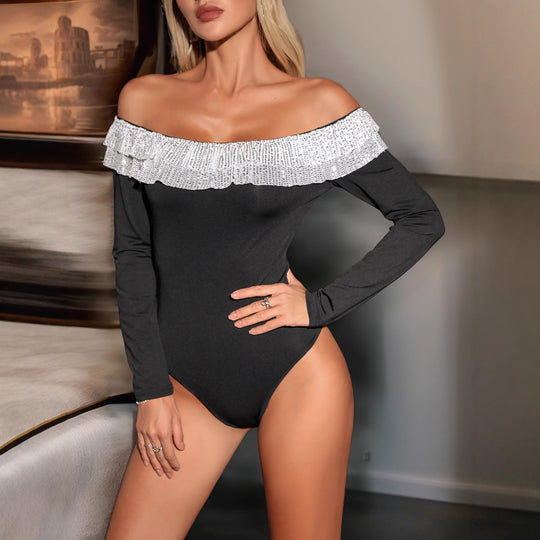Damen Schulterfreier Bodysuit mit Pailletten-Volant und Langarm Nord Taschen