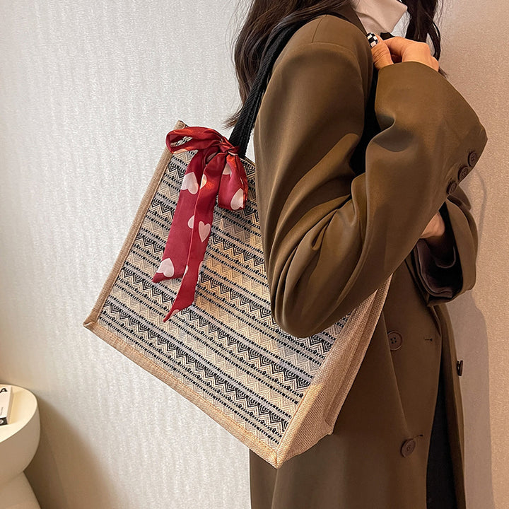 Damen Jute-Tasche mit buntem Muster und eleganter Schleife Nord Taschen