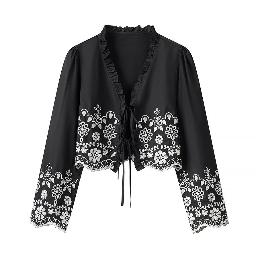 Damen Besticktes Kurzbolero mit Rüschen-V-Ausschnitt und Schnürverschluss Nord Taschen