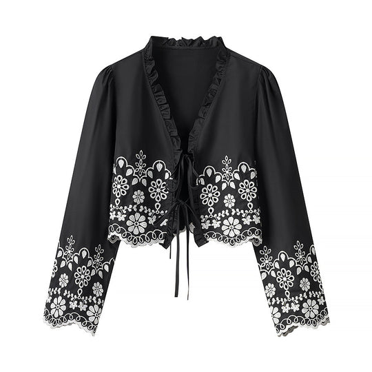 Damen Kurz geschnittene bestickte Bolero-Jacke mit Volantkragen und Bindebändern Nord Taschen